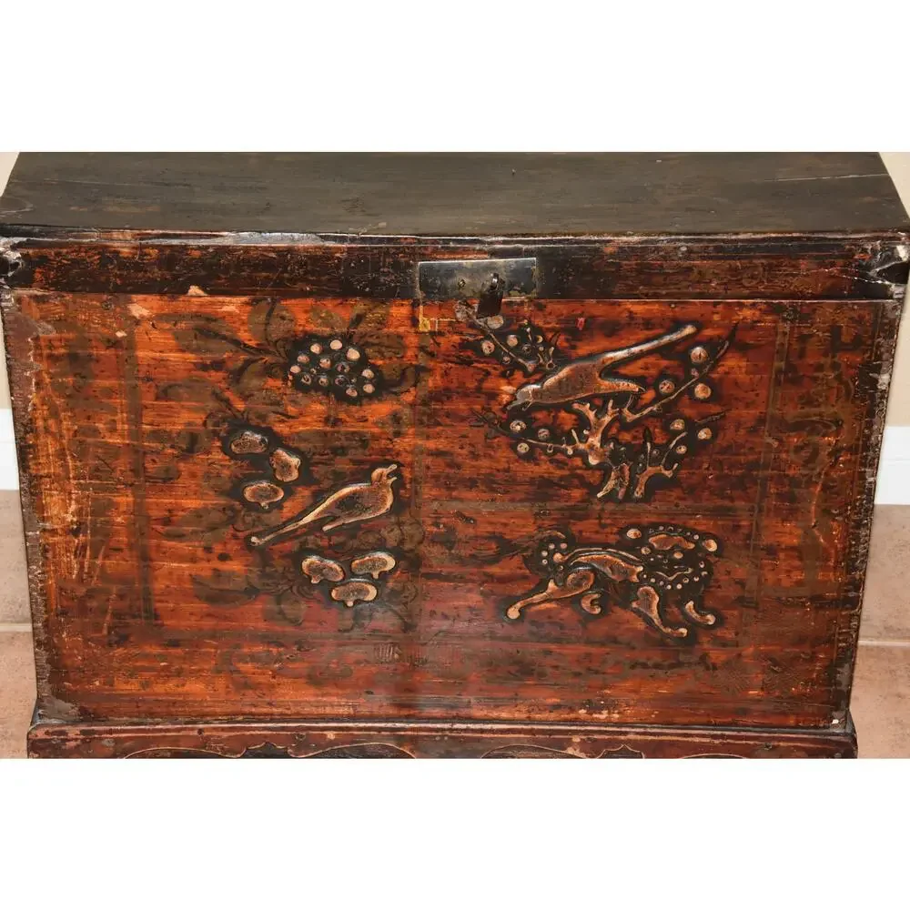 Antique Chinese Lacquer Hand Painted Coffer Carved Elm Wood Chest/Trunk